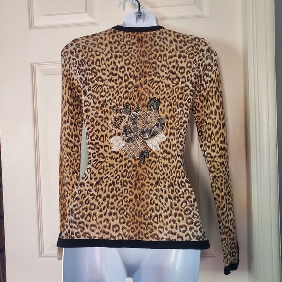 Charlotte Tarantola Leopard Print Embellished Cardigan Sweater Silk Angora Small - Picture 5 of 11